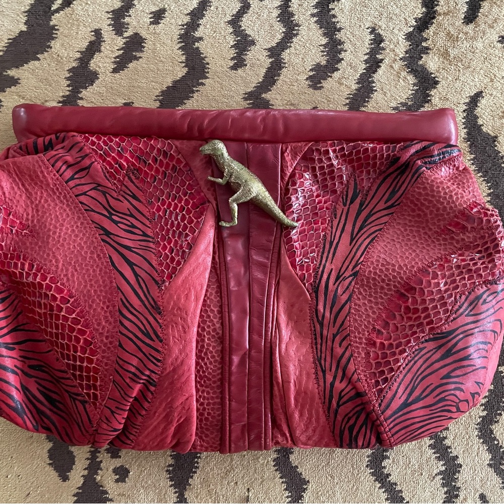 Vintage Red and Black leather ruched bag w animal print & dinosaur hardware.